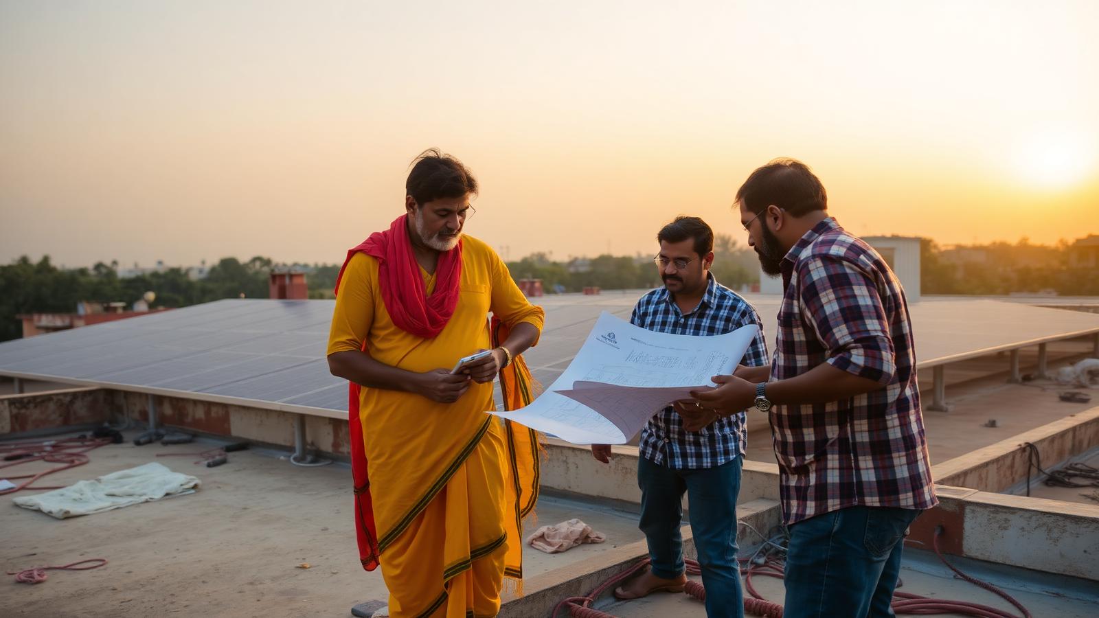 RY Enterprises engineers reviewing solar site plans on a rooftop in Odisha