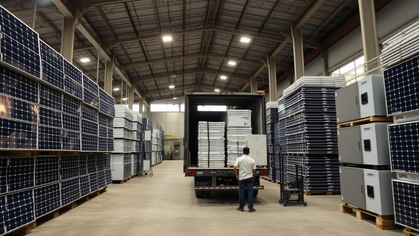 Solar modules and inverters being dispatched from the RY Enterprises warehouse