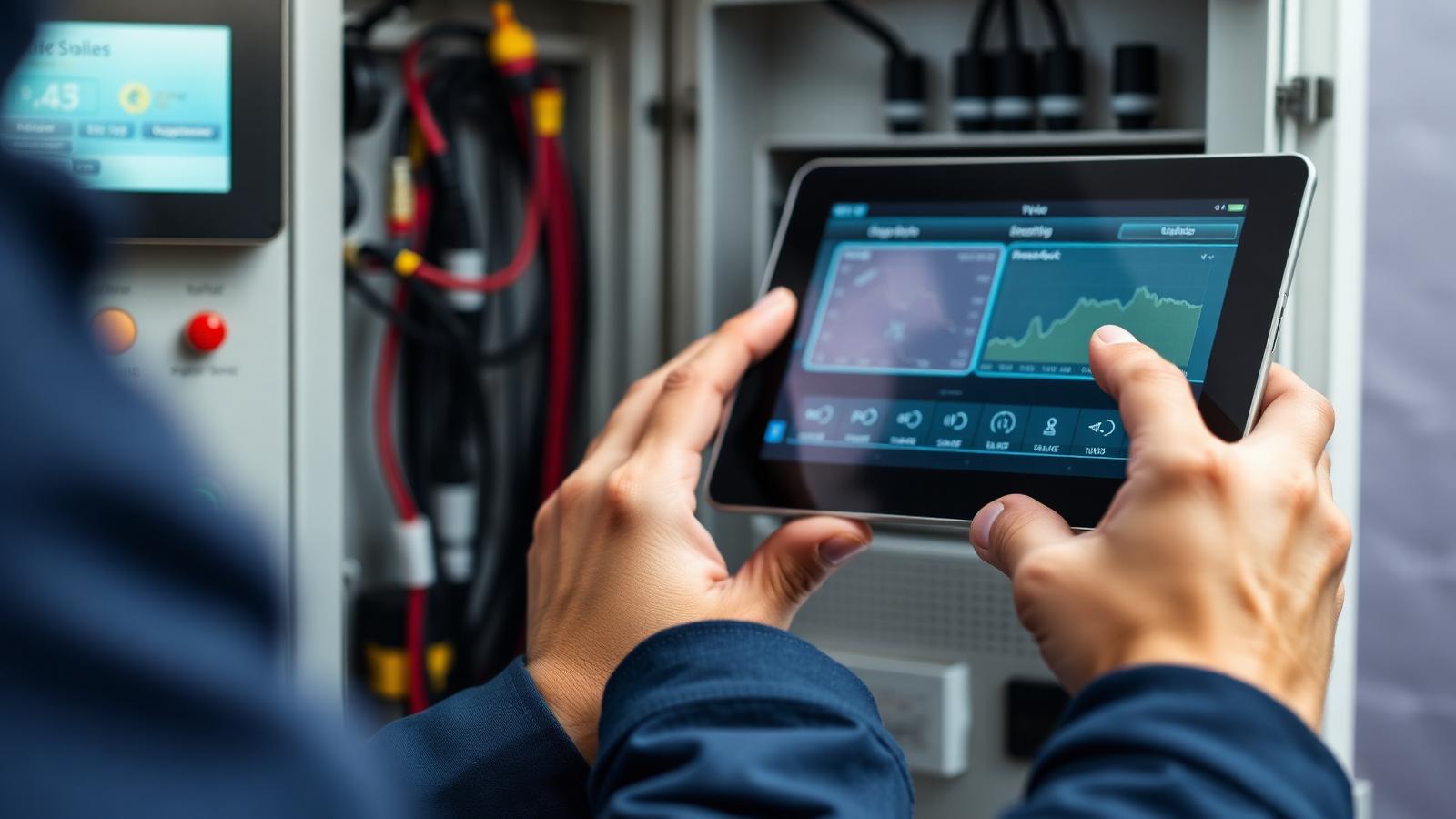 Technician checking solar inverter performance on a tablet