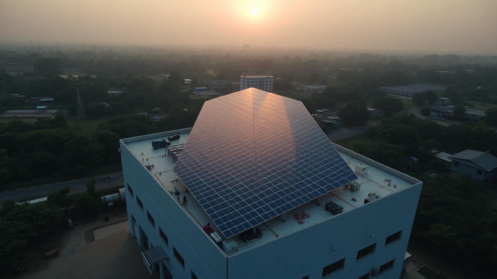 Aerial view of a large rooftop solar project completed in Odisha