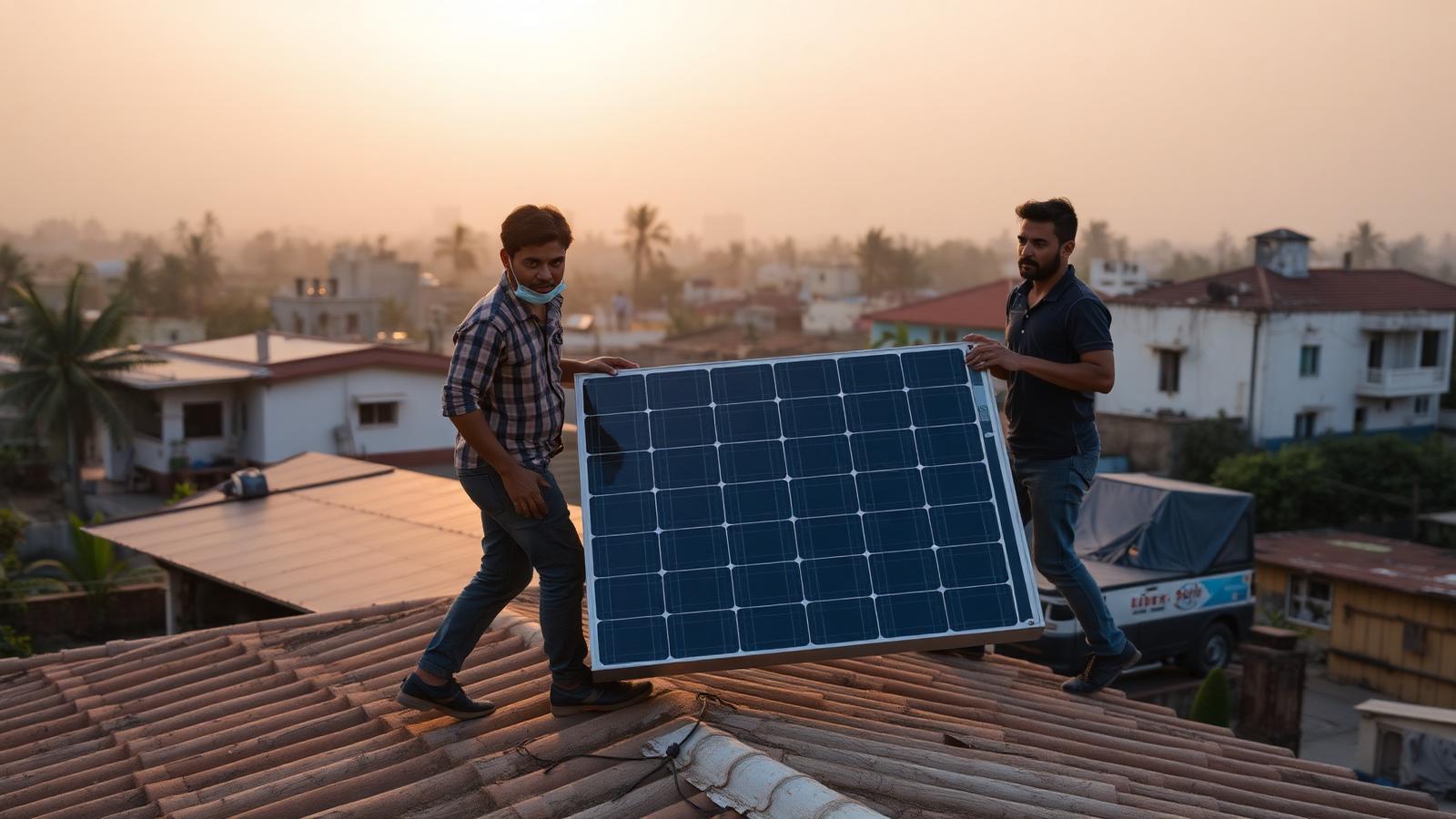 Installers carrying a solar panel across a rooftop in Odisha