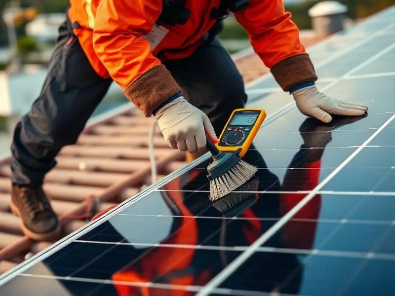 Technician cleaning and inspecting rooftop solar panels during maintenance
